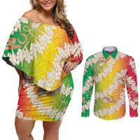 Vanuatu Cowboy Couples Matching Off Shoulder Short Dress and Long Sleeve Button Shirt Straw Hats Hibiscus With Sand Drawing LT14 Reggae - Polynesian Pride