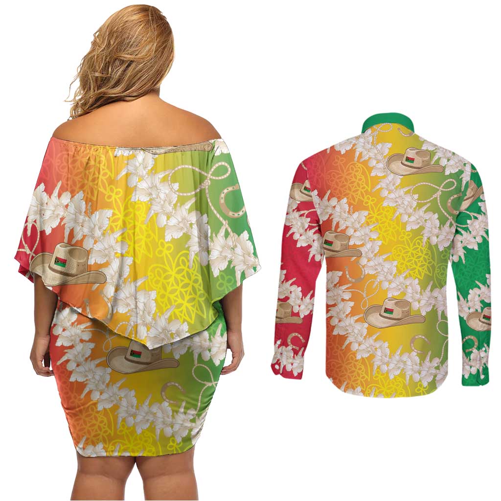 Vanuatu Cowboy Couples Matching Off Shoulder Short Dress and Long Sleeve Button Shirt Straw Hats Hibiscus With Sand Drawing LT14 - Polynesian Pride