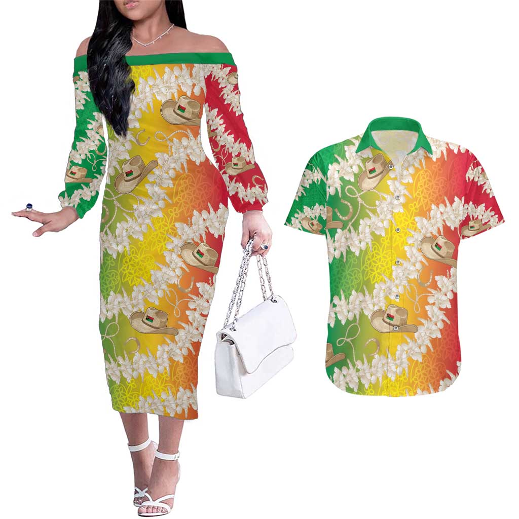 Vanuatu Cowboy Couples Matching Off The Shoulder Long Sleeve Dress and Hawaiian Shirt Straw Hats Hibiscus With Sand Drawing LT14 Reggae - Polynesian Pride