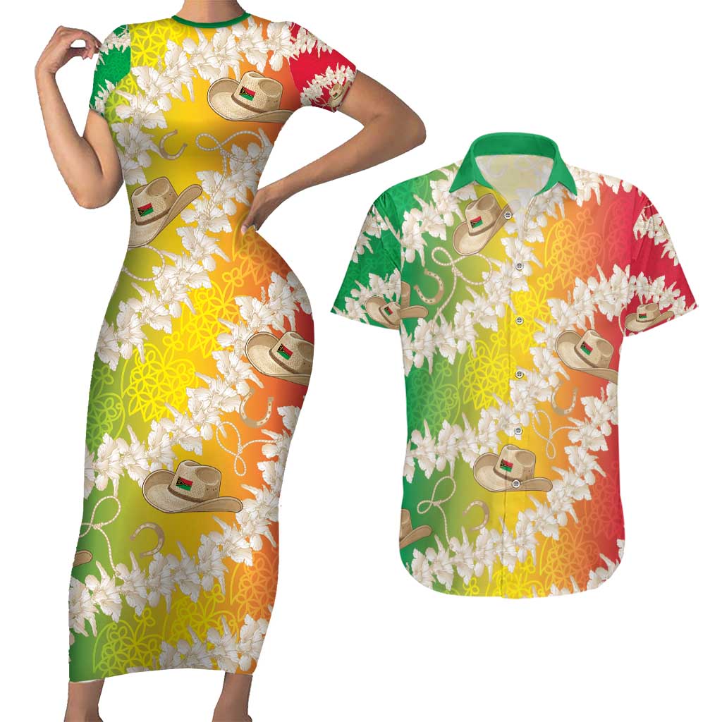 Vanuatu Cowboy Couples Matching Short Sleeve Bodycon Dress and Hawaiian Shirt Straw Hats Hibiscus With Sand Drawing LT14 Reggae - Polynesian Pride
