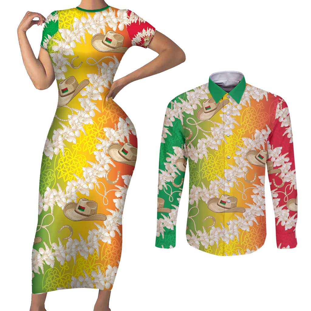 Vanuatu Cowboy Couples Matching Short Sleeve Bodycon Dress and Long Sleeve Button Shirt Straw Hats Hibiscus With Sand Drawing LT14 Reggae - Polynesian Pride