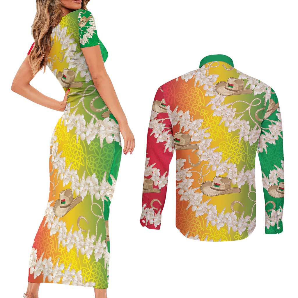 Vanuatu Cowboy Couples Matching Short Sleeve Bodycon Dress and Long Sleeve Button Shirt Straw Hats Hibiscus With Sand Drawing LT14 - Polynesian Pride