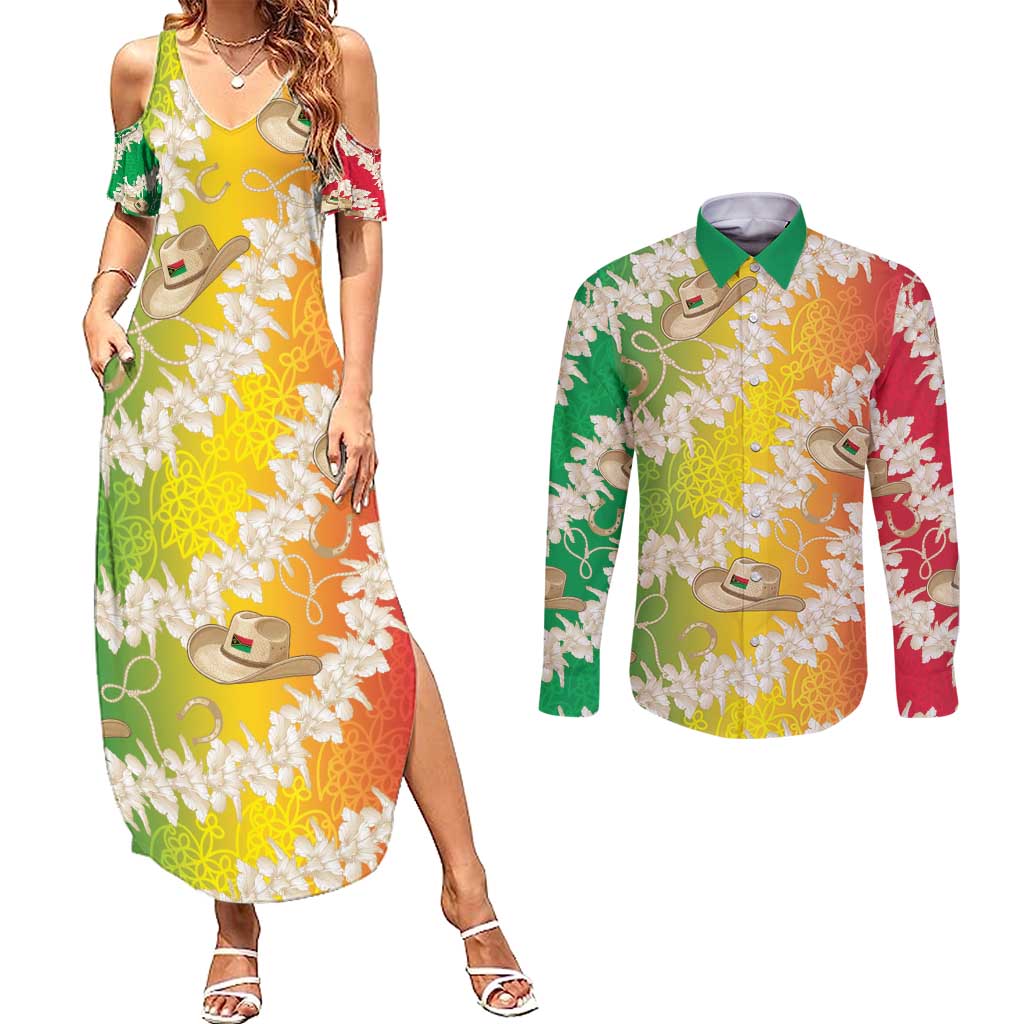 Vanuatu Cowboy Couples Matching Summer Maxi Dress and Long Sleeve Button Shirt Straw Hats Hibiscus With Sand Drawing - Polynesian Pride