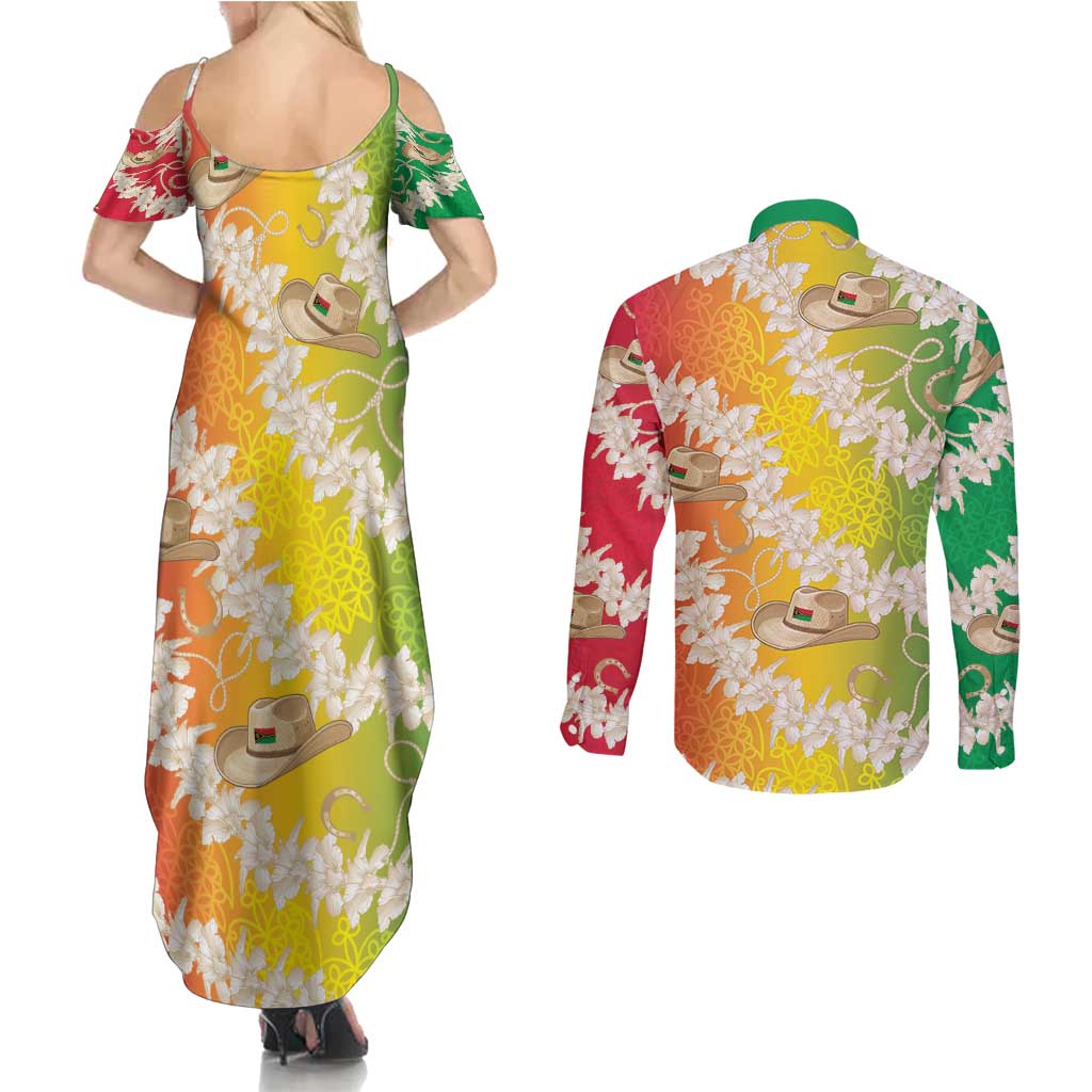 Vanuatu Cowboy Couples Matching Summer Maxi Dress and Long Sleeve Button Shirt Straw Hats Hibiscus With Sand Drawing - Polynesian Pride