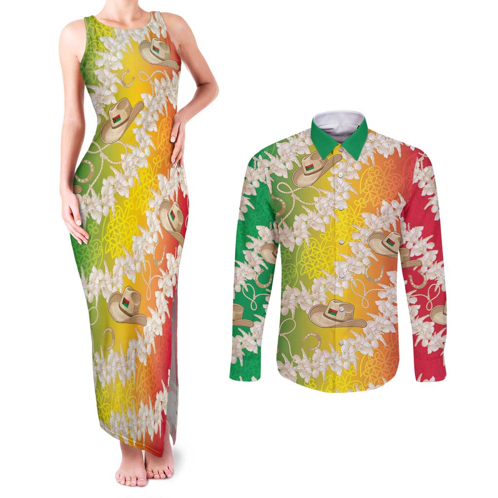 Vanuatu Cowboy Couples Matching Tank Maxi Dress and Long Sleeve Button Shirt Straw Hats Hibiscus With Sand Drawing LT14 Reggae - Polynesian Pride