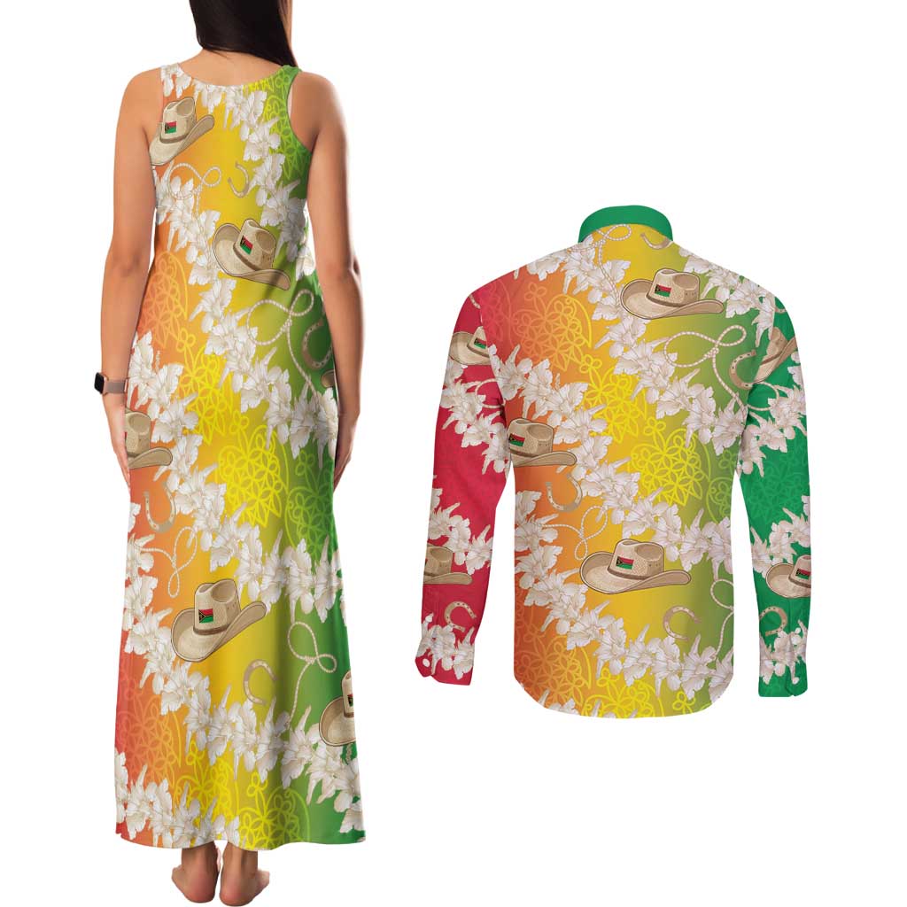 Vanuatu Cowboy Couples Matching Tank Maxi Dress and Long Sleeve Button Shirt Straw Hats Hibiscus With Sand Drawing LT14 - Polynesian Pride