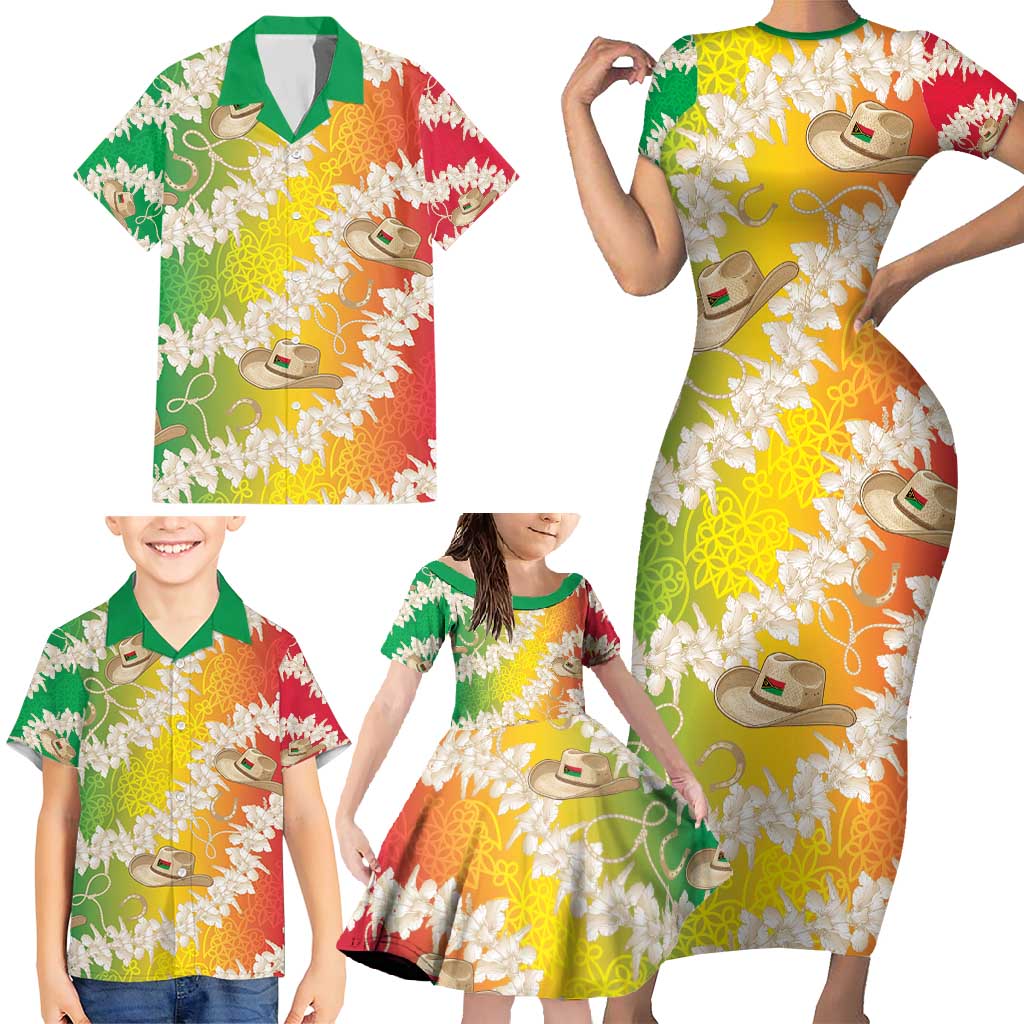 Vanuatu Cowboy Family Matching Short Sleeve Bodycon Dress and Hawaiian Shirt Straw Hats Hibiscus With Sand Drawing - Polynesian Pride