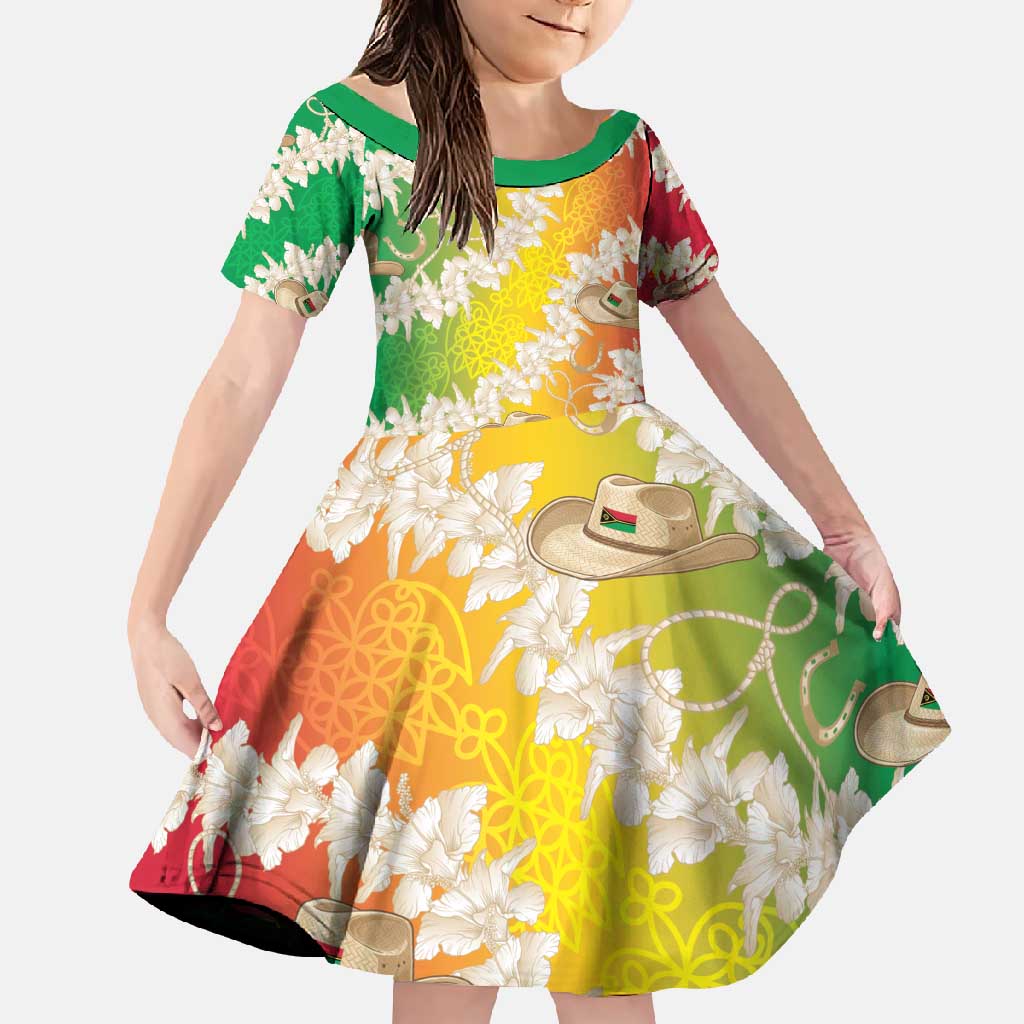 Vanuatu Cowboy Family Matching Summer Maxi Dress and Hawaiian Shirt Straw Hats Hibiscus With Sand Drawing LT14 Daughter's Dress Reggae - Polynesian Pride