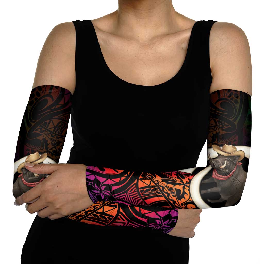 Vanuatu Boar Cowboy Arm Sleeves Tusk Gradient Polynesian Pattern - Polynesian Pride