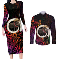 Vanuatu Boar Cowboy Couples Matching Long Sleeve Bodycon Dress and Long Sleeve Button Shirt Tusk Gradient Polynesian Pattern - Polynesian Pride