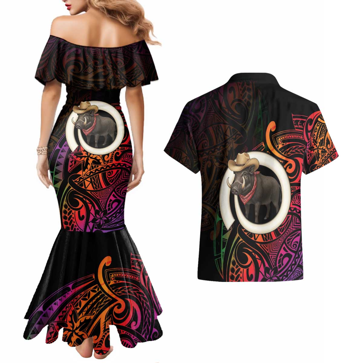 Vanuatu Boar Cowboy Couples Matching Mermaid Dress and Hawaiian Shirt Tusk Gradient Polynesian Pattern - Polynesian Pride