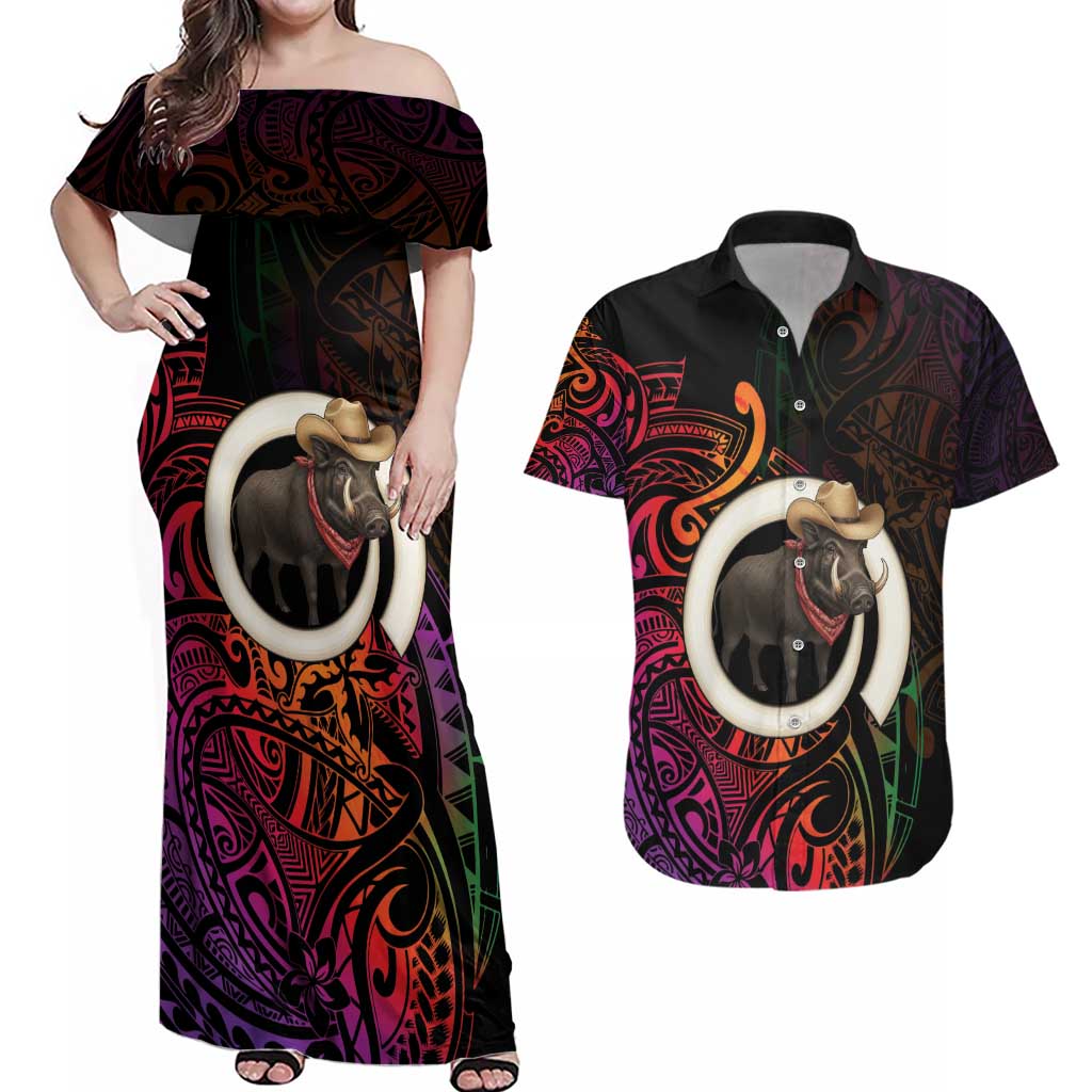 Vanuatu Boar Cowboy Couples Matching Off Shoulder Maxi Dress and Hawaiian Shirt Tusk Gradient Polynesian Pattern - Polynesian Pride