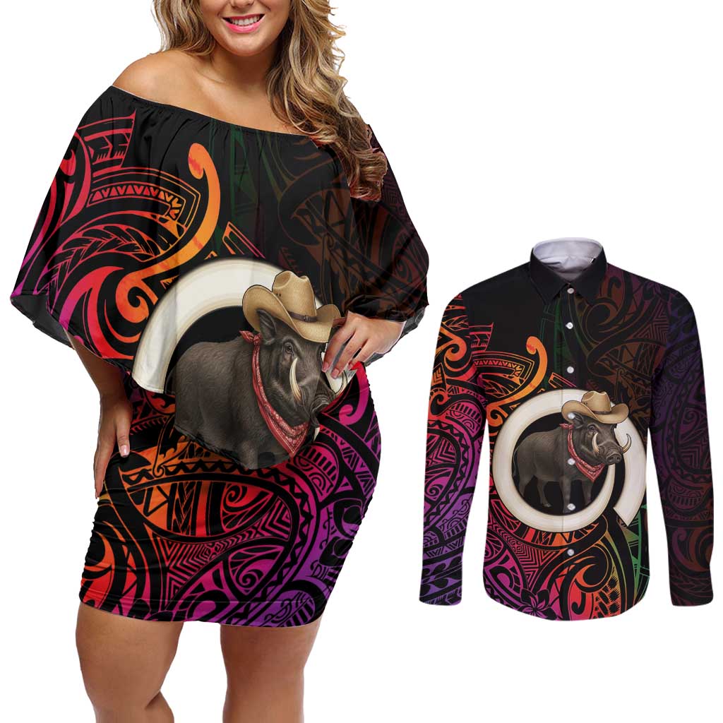 Vanuatu Boar Cowboy Couples Matching Off Shoulder Short Dress and Long Sleeve Button Shirt Tusk Gradient Polynesian Pattern LT14 Black - Polynesian Pride