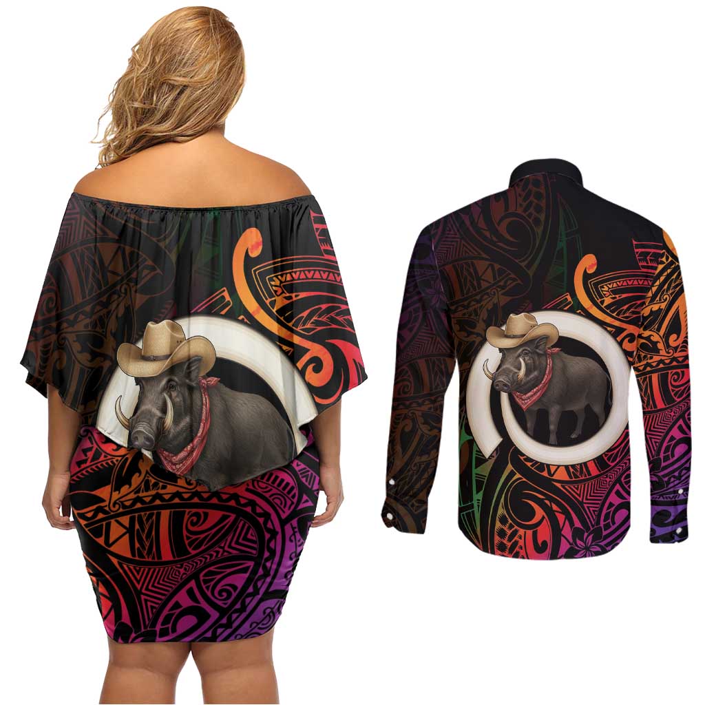 Vanuatu Boar Cowboy Couples Matching Off Shoulder Short Dress and Long Sleeve Button Shirt Tusk Gradient Polynesian Pattern LT14 - Polynesian Pride