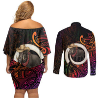 Vanuatu Boar Cowboy Couples Matching Off Shoulder Short Dress and Long Sleeve Button Shirt Tusk Gradient Polynesian Pattern LT14 - Polynesian Pride