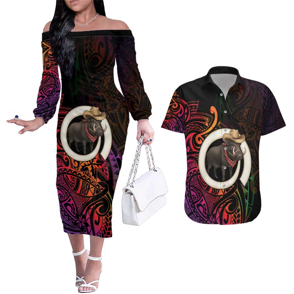 Vanuatu Boar Cowboy Couples Matching Off The Shoulder Long Sleeve Dress and Hawaiian Shirt Tusk Gradient Polynesian Pattern - Polynesian Pride