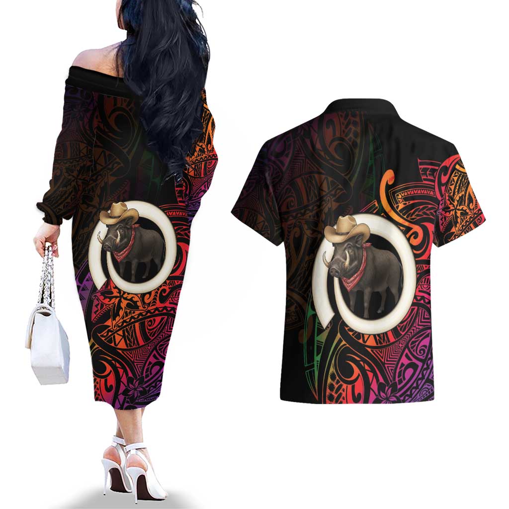 Vanuatu Boar Cowboy Couples Matching Off The Shoulder Long Sleeve Dress and Hawaiian Shirt Tusk Gradient Polynesian Pattern - Polynesian Pride
