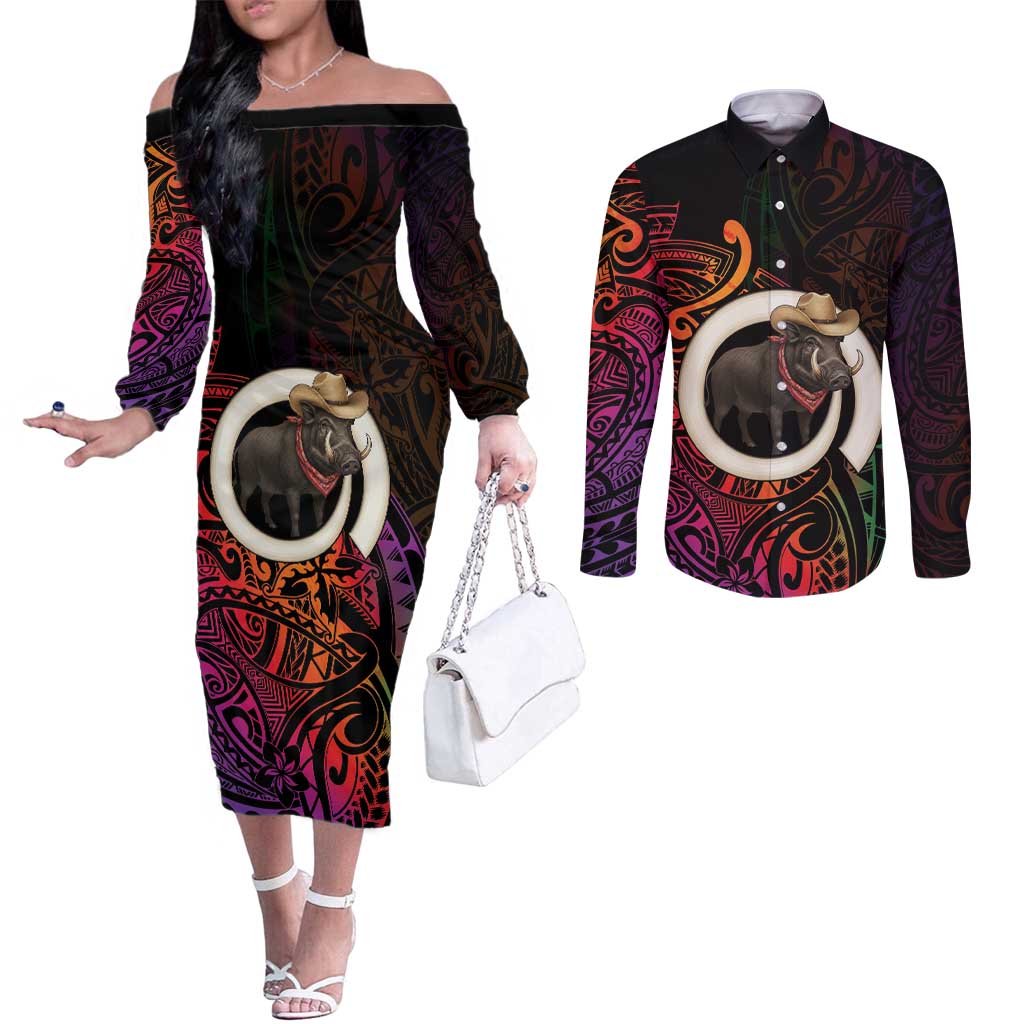 Vanuatu Boar Cowboy Couples Matching Off The Shoulder Long Sleeve Dress and Long Sleeve Button Shirt Tusk Gradient Polynesian Pattern - Polynesian Pride