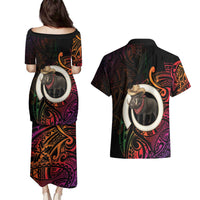 Vanuatu Boar Cowboy Couples Matching Puletasi and Hawaiian Shirt Tusk Gradient Polynesian Pattern - Polynesian Pride