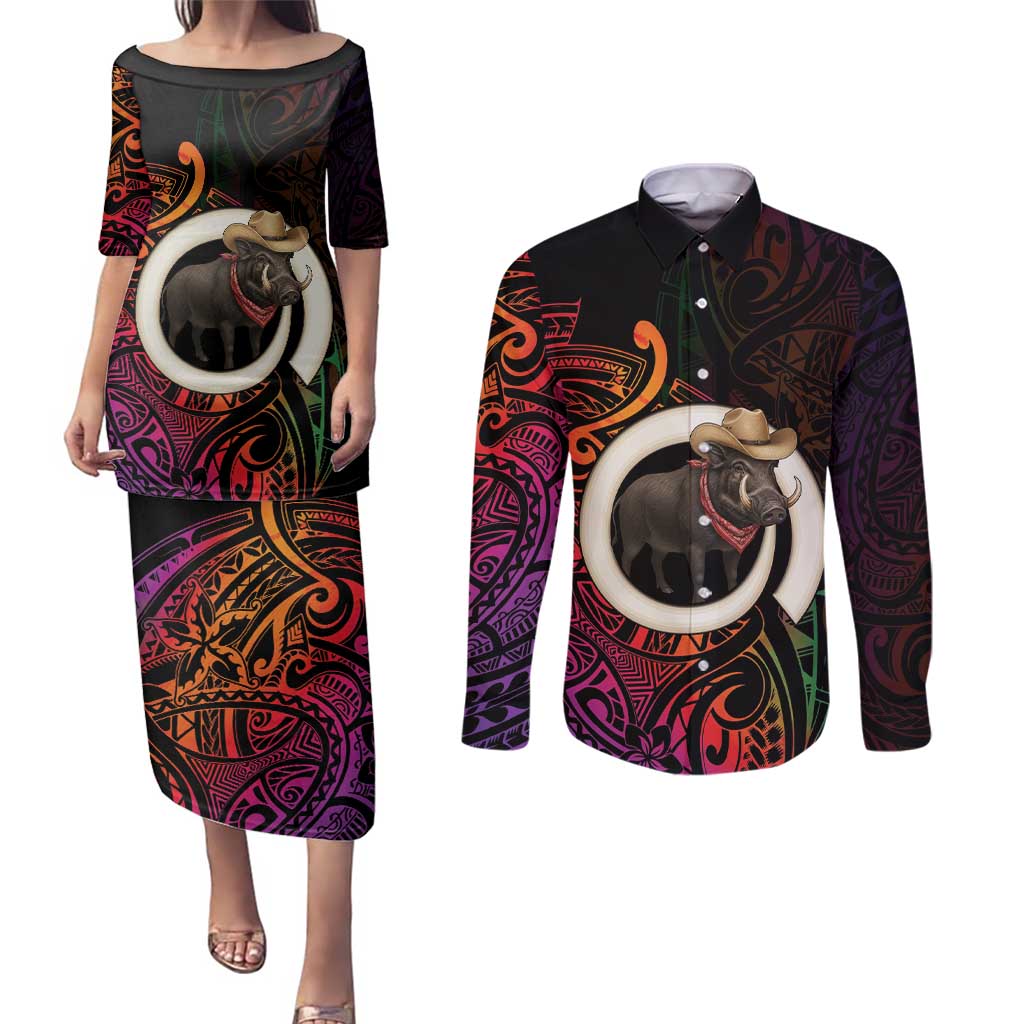 Vanuatu Boar Cowboy Couples Matching Puletasi and Long Sleeve Button Shirt Tusk Gradient Polynesian Pattern - Polynesian Pride