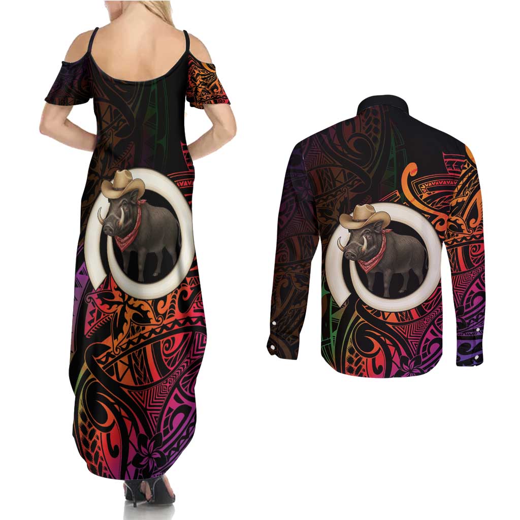 Vanuatu Boar Cowboy Couples Matching Summer Maxi Dress and Long Sleeve Button Shirt Tusk Gradient Polynesian Pattern - Polynesian Pride