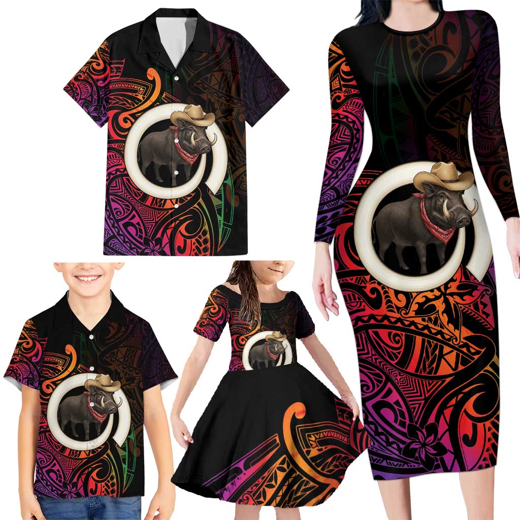 Vanuatu Boar Cowboy Family Matching Long Sleeve Bodycon Dress and Hawaiian Shirt Tusk Gradient Polynesian Pattern LT14 - Polynesian Pride