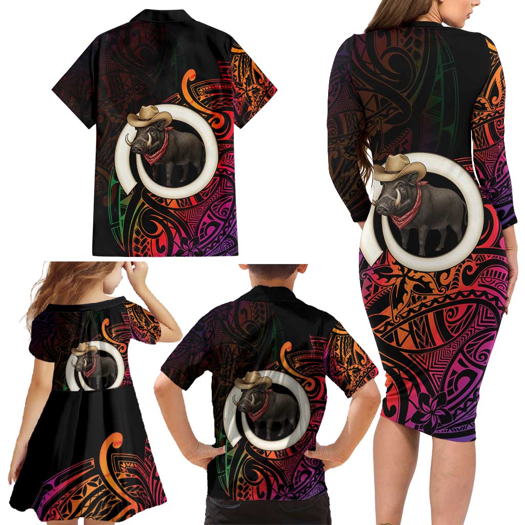 Vanuatu Boar Cowboy Family Matching Long Sleeve Bodycon Dress and Hawaiian Shirt Tusk Gradient Polynesian Pattern LT14 - Polynesian Pride
