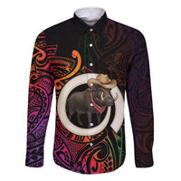 Vanuatu Boar Cowboy Family Matching Long Sleeve Bodycon Dress and Hawaiian Shirt Tusk Gradient Polynesian Pattern LT14 Dad's Shirt - Long Sleeve Black - Polynesian Pride