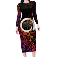 Vanuatu Boar Cowboy Family Matching Long Sleeve Bodycon Dress and Hawaiian Shirt Tusk Gradient Polynesian Pattern LT14 Mom's Dress Black - Polynesian Pride