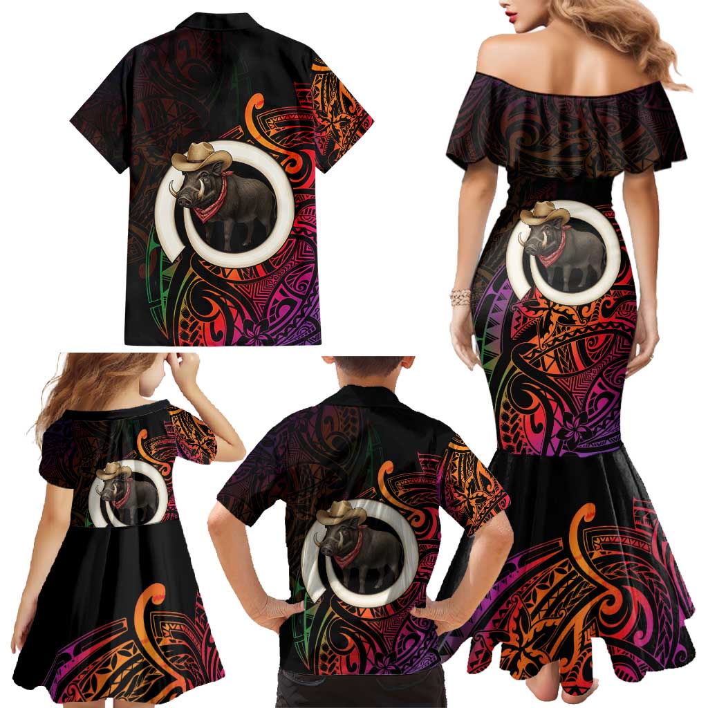 Vanuatu Boar Cowboy Family Matching Mermaid Dress and Hawaiian Shirt Tusk Gradient Polynesian Pattern LT14 - Polynesian Pride