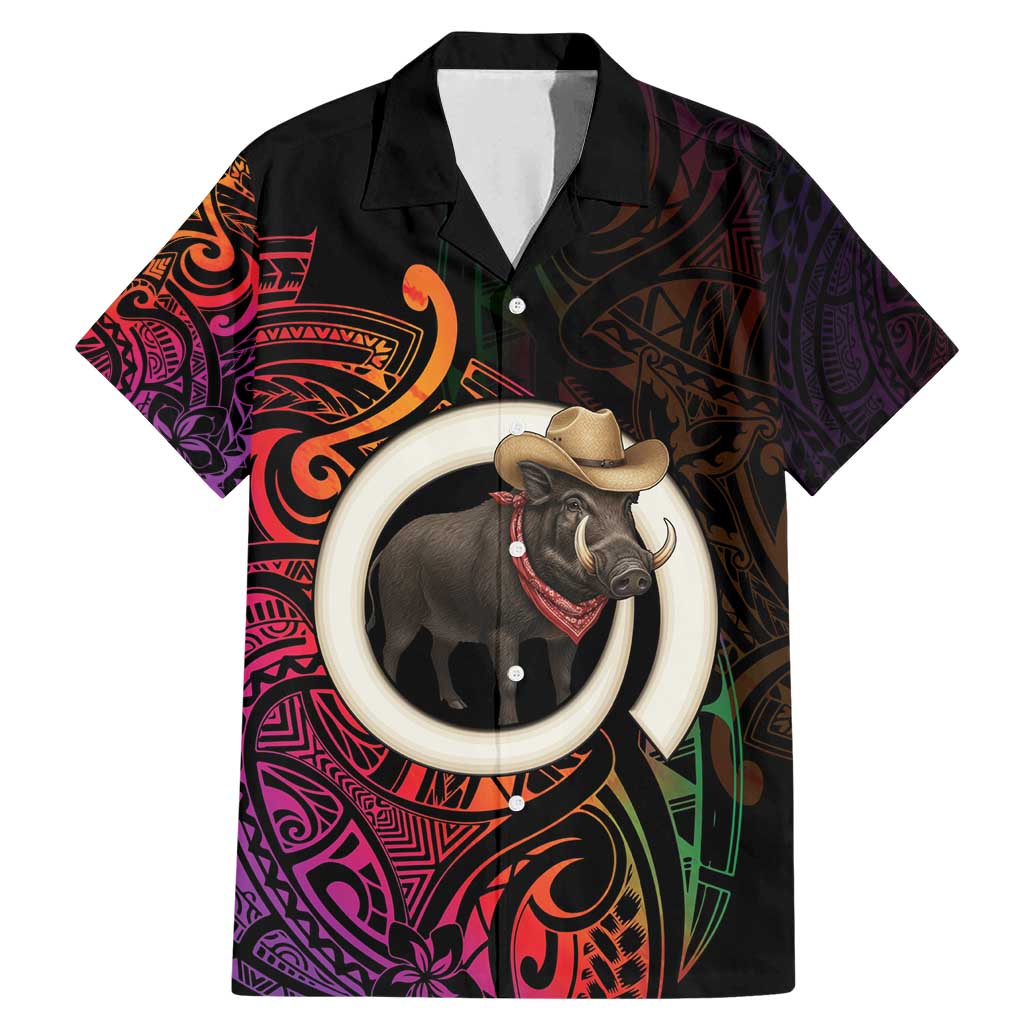Vanuatu Boar Cowboy Family Matching Mermaid Dress and Hawaiian Shirt Tusk Gradient Polynesian Pattern LT14 Dad's Shirt - Short Sleeve Black - Polynesian Pride