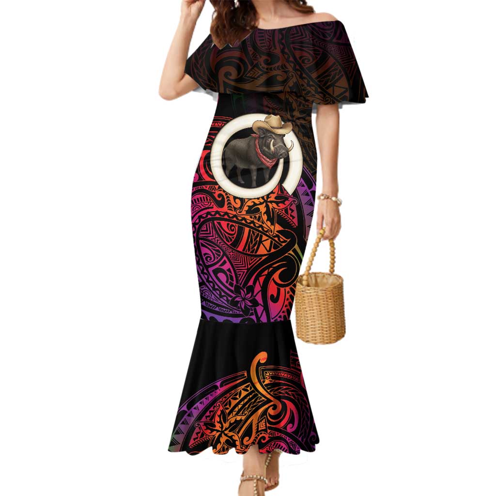 Vanuatu Boar Cowboy Family Matching Mermaid Dress and Hawaiian Shirt Tusk Gradient Polynesian Pattern LT14 Mom's Dress Black - Polynesian Pride