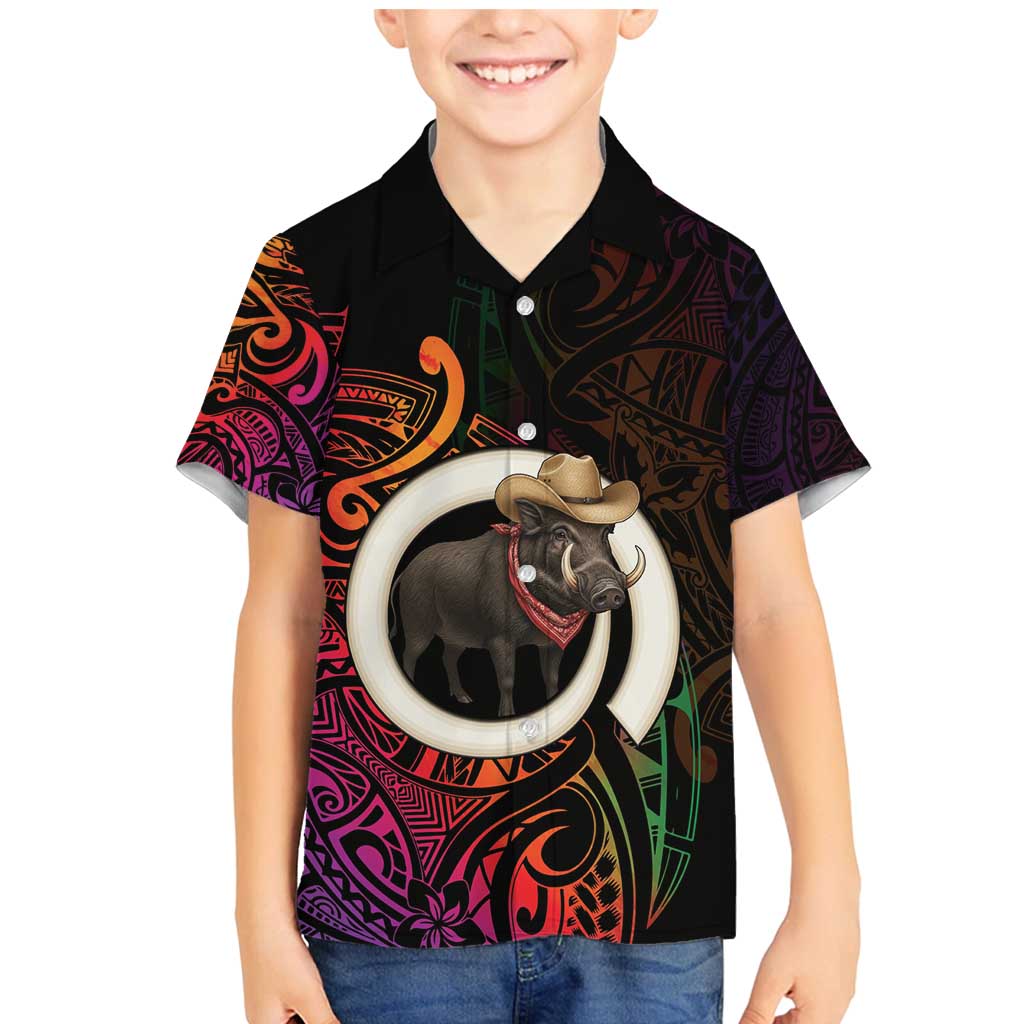 Vanuatu Boar Cowboy Family Matching Mermaid Dress and Hawaiian Shirt Tusk Gradient Polynesian Pattern LT14 Son's Shirt Black - Polynesian Pride