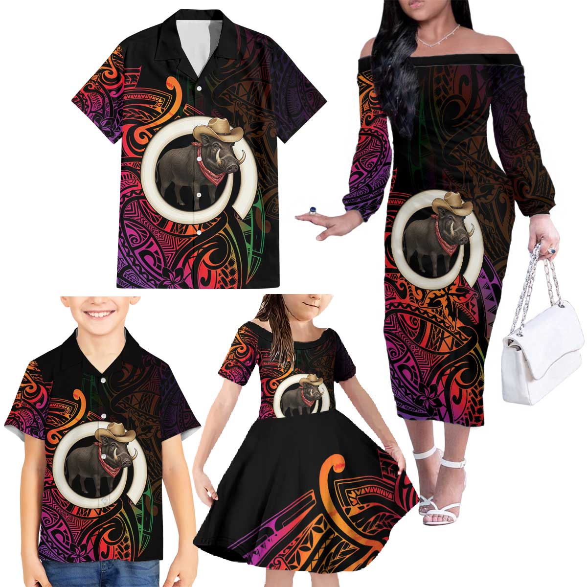 Vanuatu Boar Cowboy Family Matching Off The Shoulder Long Sleeve Dress and Hawaiian Shirt Tusk Gradient Polynesian Pattern LT14 - Polynesian Pride