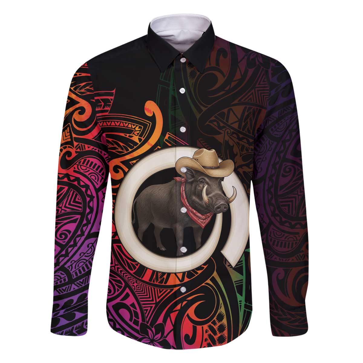Vanuatu Boar Cowboy Family Matching Off The Shoulder Long Sleeve Dress and Hawaiian Shirt Tusk Gradient Polynesian Pattern LT14 Dad's Shirt - Long Sleeve Black - Polynesian Pride