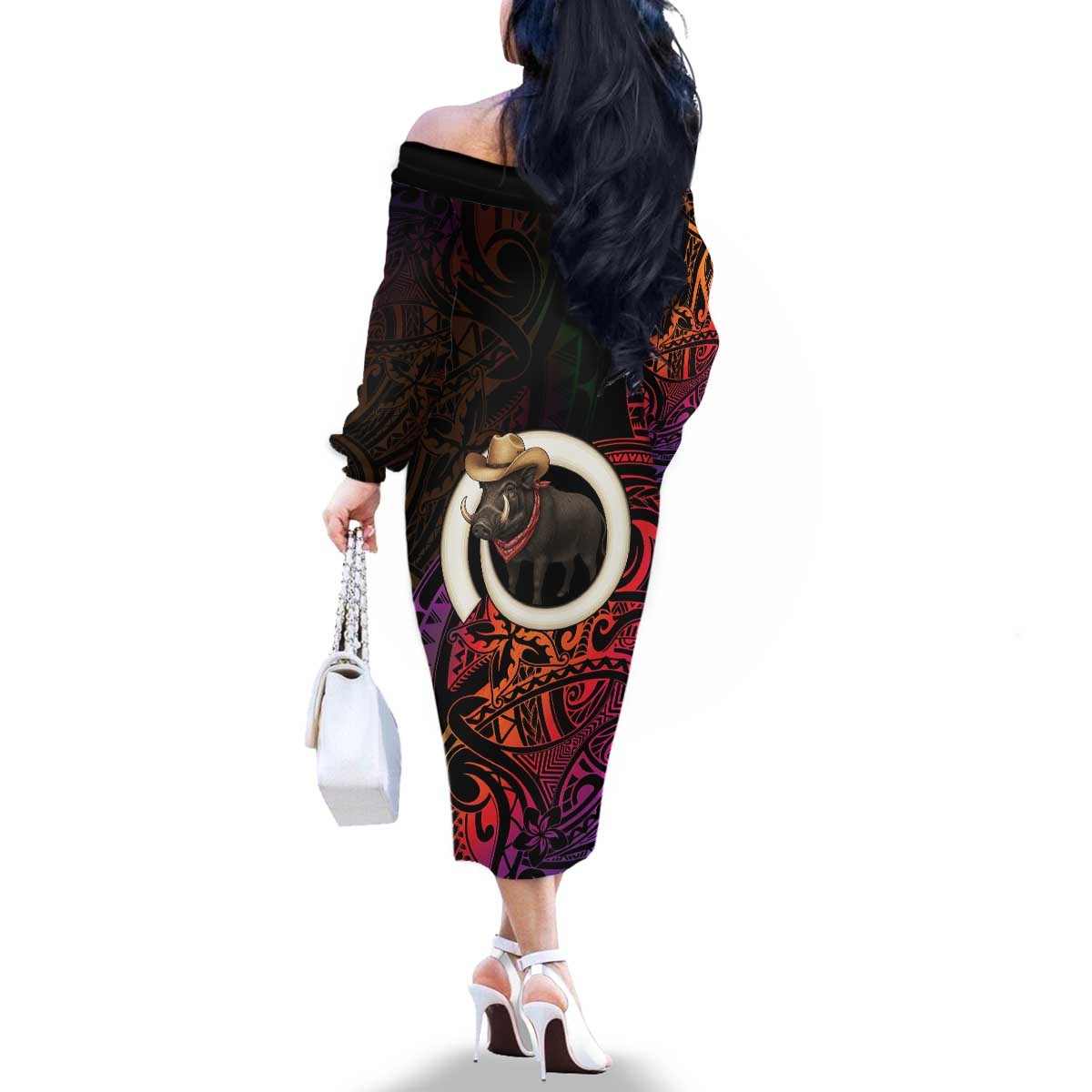 Vanuatu Boar Cowboy Family Matching Off The Shoulder Long Sleeve Dress and Hawaiian Shirt Tusk Gradient Polynesian Pattern LT14 - Polynesian Pride