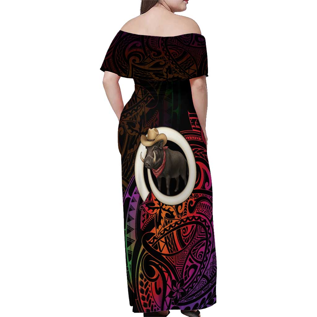 Vanuatu Boar Cowboy Family Matching Off Shoulder Maxi Dress and Hawaiian Shirt Tusk Gradient Polynesian Pattern - Polynesian Pride