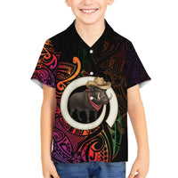 Vanuatu Boar Cowboy Family Matching Off Shoulder Maxi Dress and Hawaiian Shirt Tusk Gradient Polynesian Pattern - Polynesian Pride