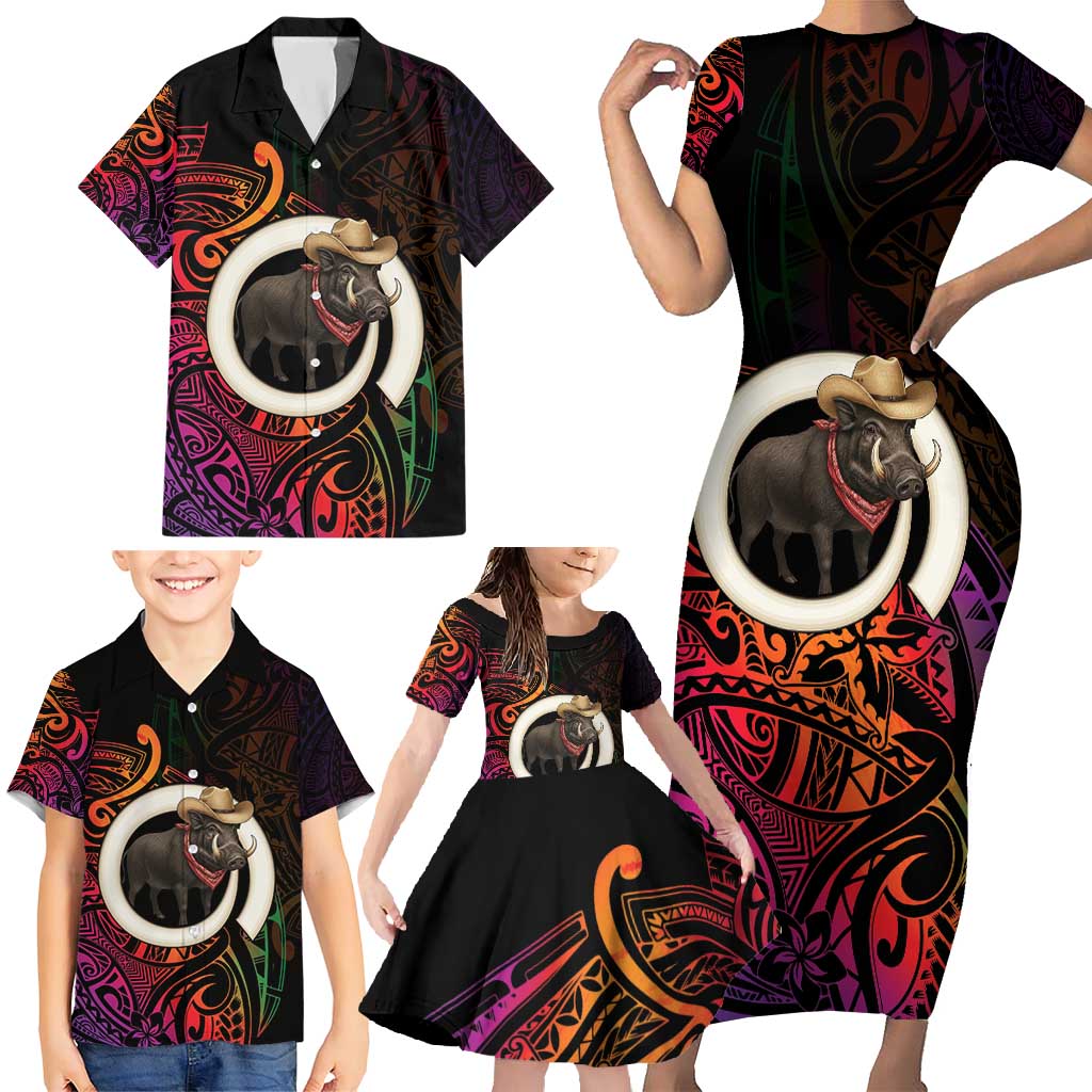 Vanuatu Boar Cowboy Family Matching Short Sleeve Bodycon Dress and Hawaiian Shirt Tusk Gradient Polynesian Pattern LT14 - Polynesian Pride