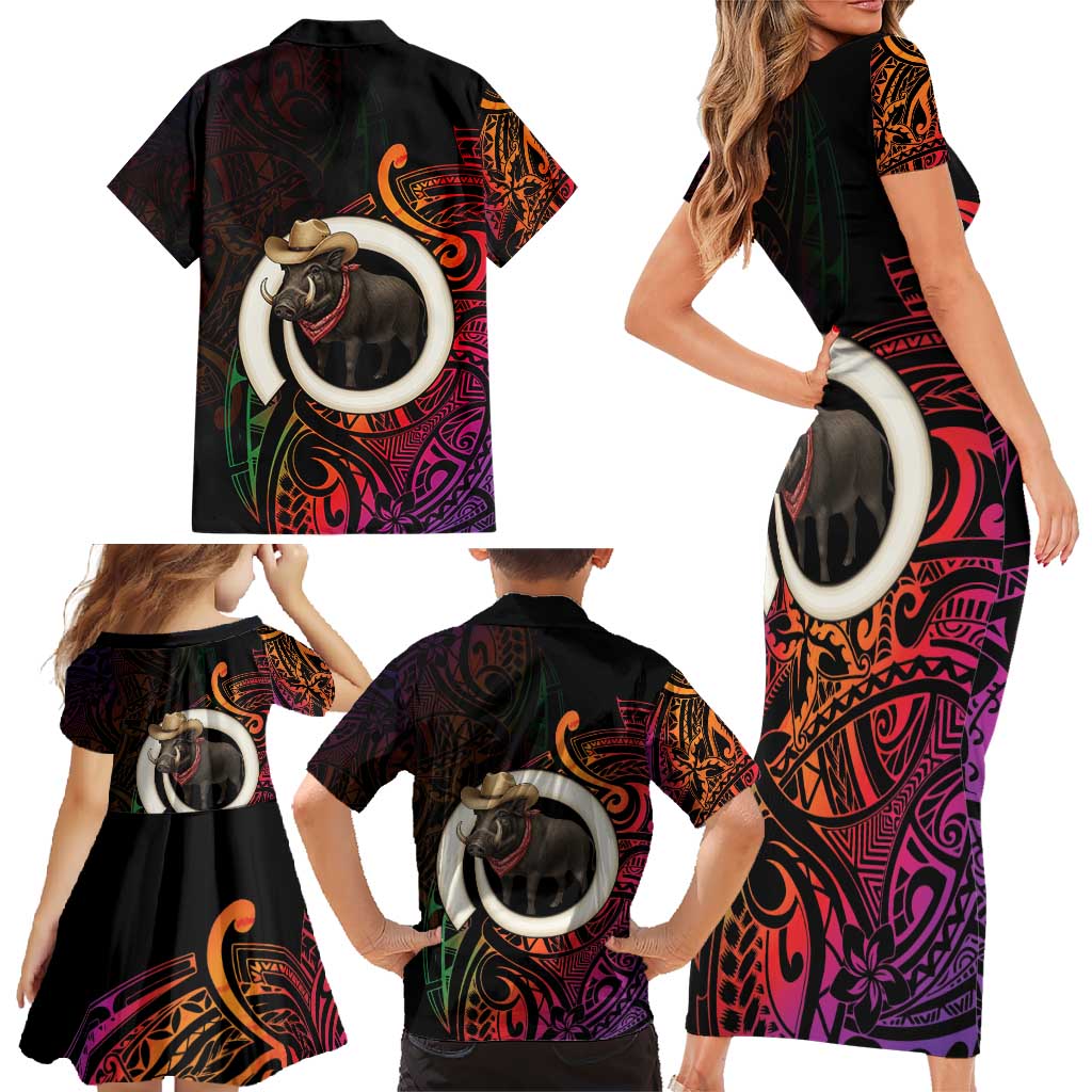 Vanuatu Boar Cowboy Family Matching Short Sleeve Bodycon Dress and Hawaiian Shirt Tusk Gradient Polynesian Pattern LT14 - Polynesian Pride