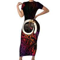 Vanuatu Boar Cowboy Family Matching Short Sleeve Bodycon Dress and Hawaiian Shirt Tusk Gradient Polynesian Pattern LT14 Mom's Dress Black - Polynesian Pride