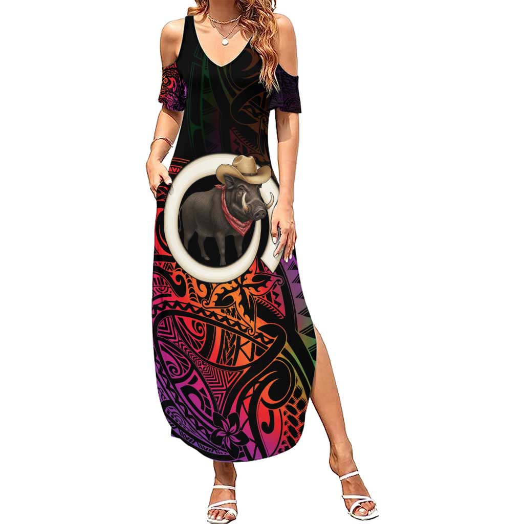 Vanuatu Boar Cowboy Family Matching Summer Maxi Dress and Hawaiian Shirt Tusk Gradient Polynesian Pattern - Polynesian Pride