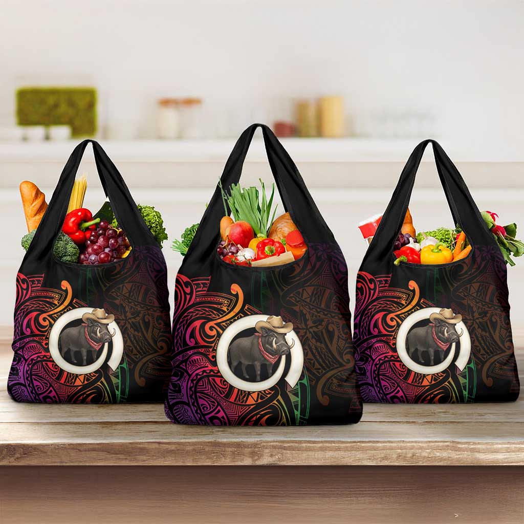 Vanuatu Boar Cowboy Grocery Bag Tusk Gradient Polynesian Pattern - Polynesian Pride