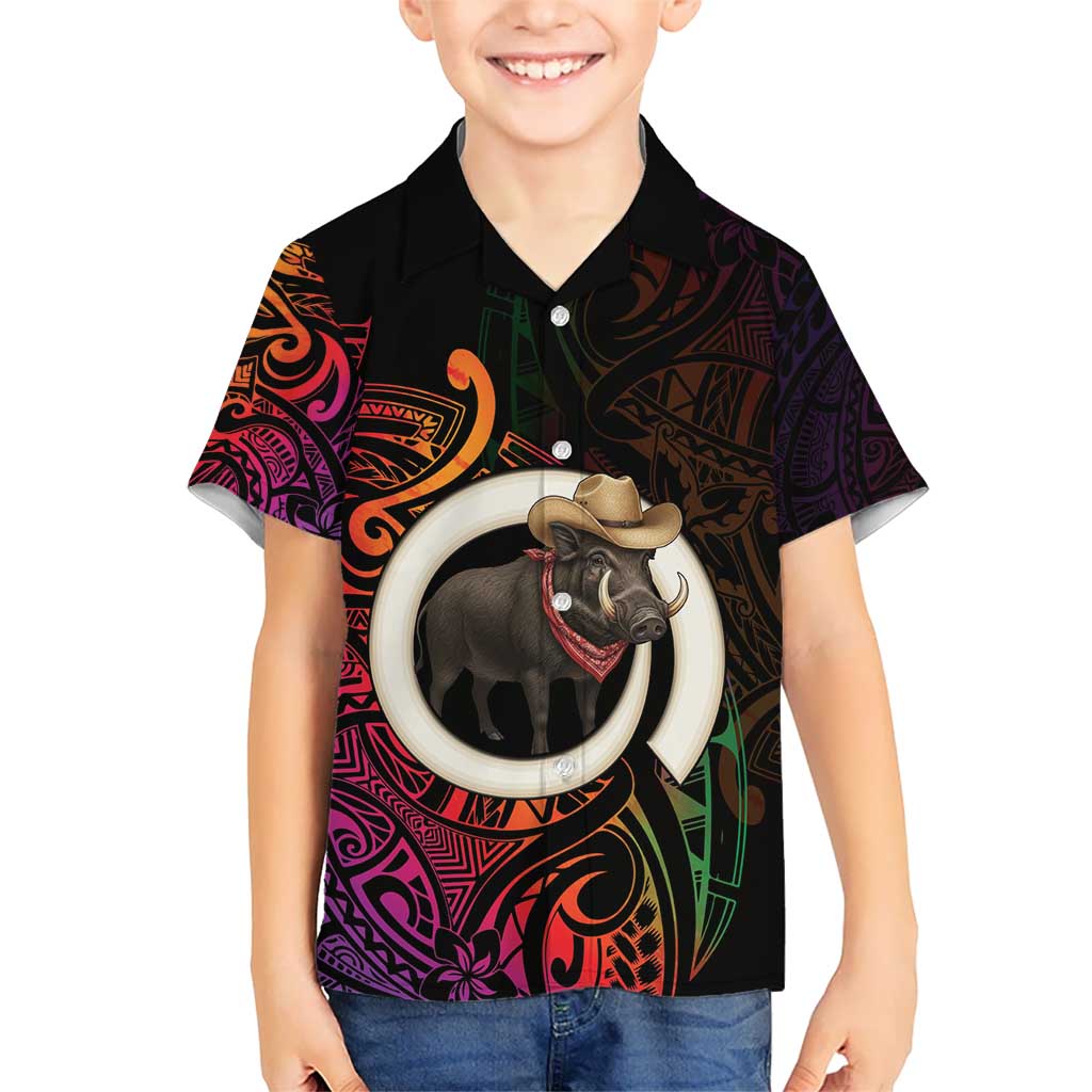 Vanuatu Boar Cowboy Kid Hawaiian Shirt Tusk Gradient Polynesian Pattern - Polynesian Pride