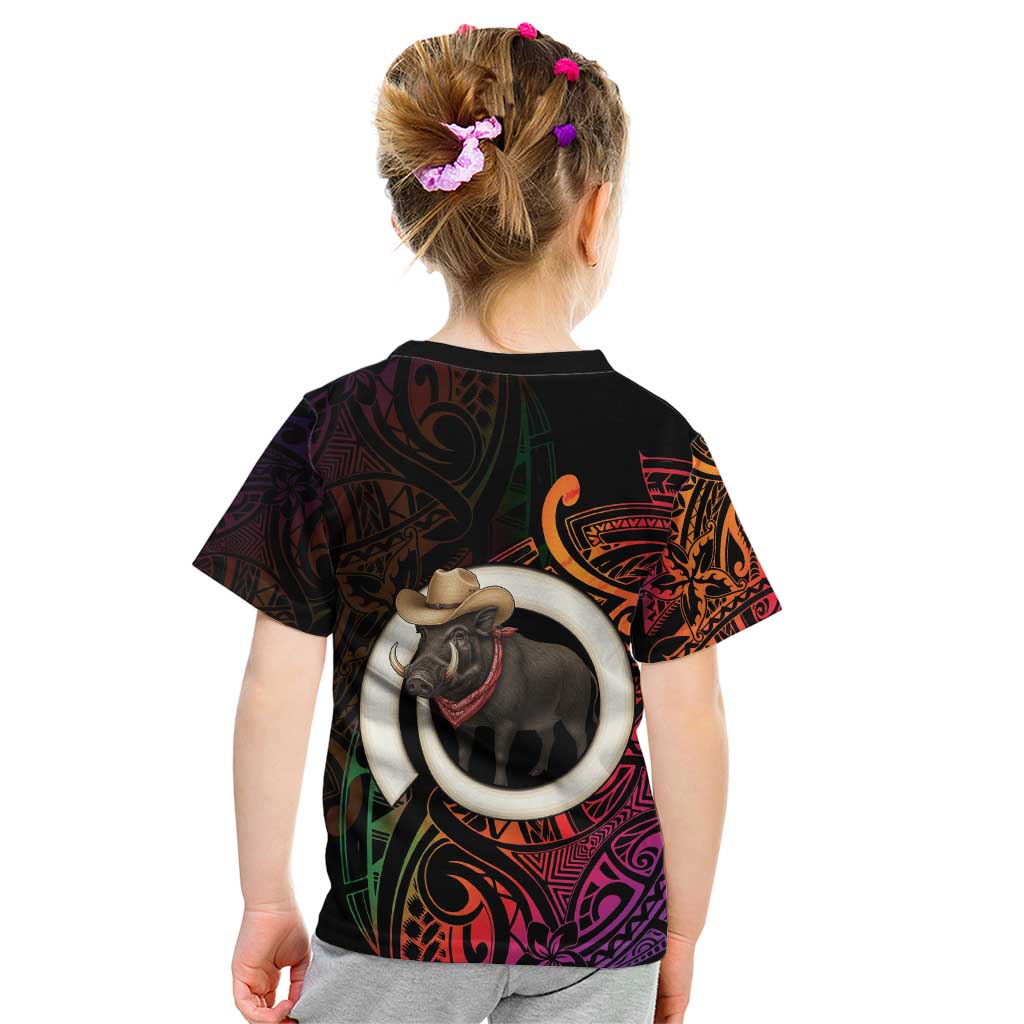 Vanuatu Boar Cowboy Kid T Shirt Tusk Gradient Polynesian Pattern - Polynesian Pride