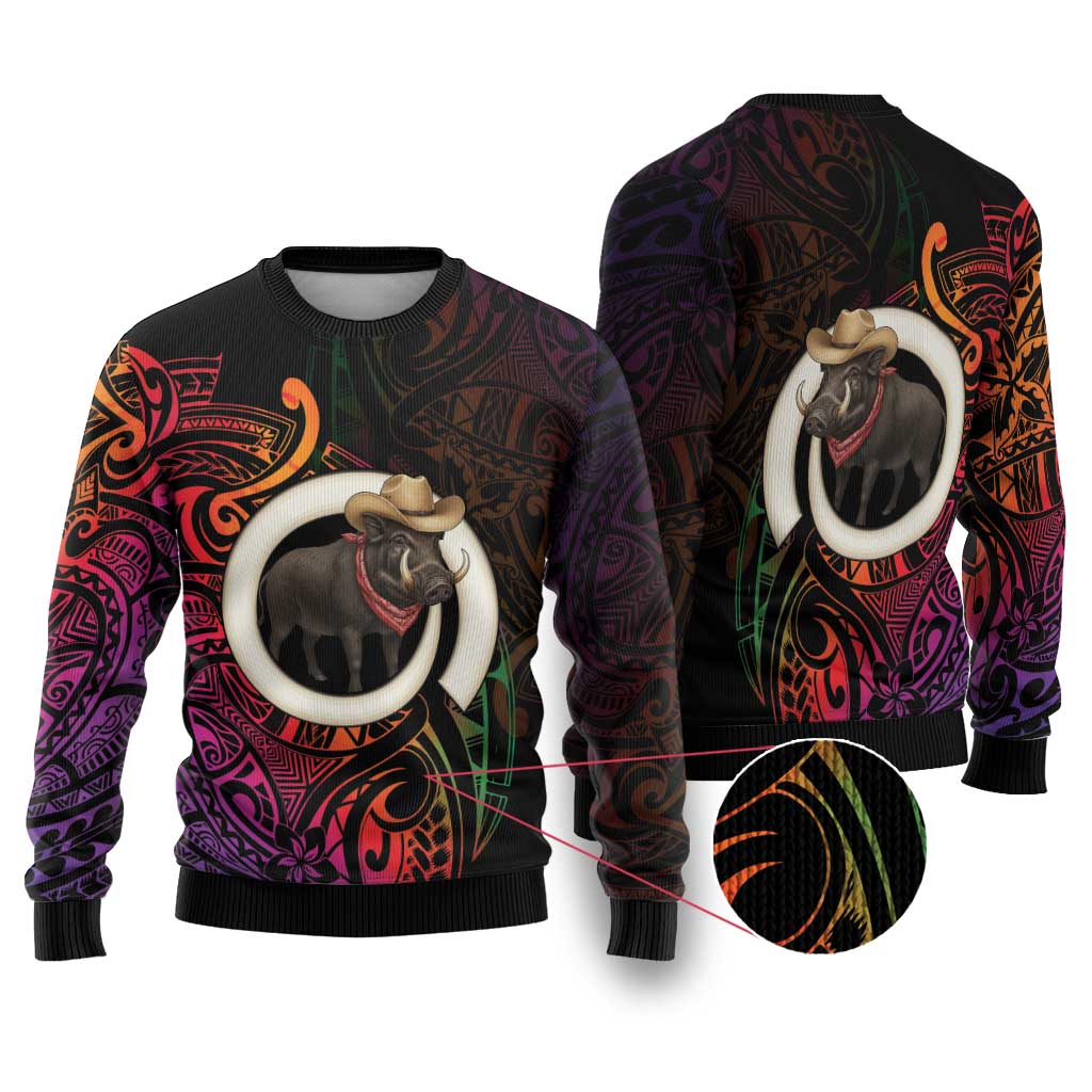 Vanuatu Boar Cowboy Ugly Christmas Sweater Tusk Gradient Polynesian Pattern - Polynesian Pride