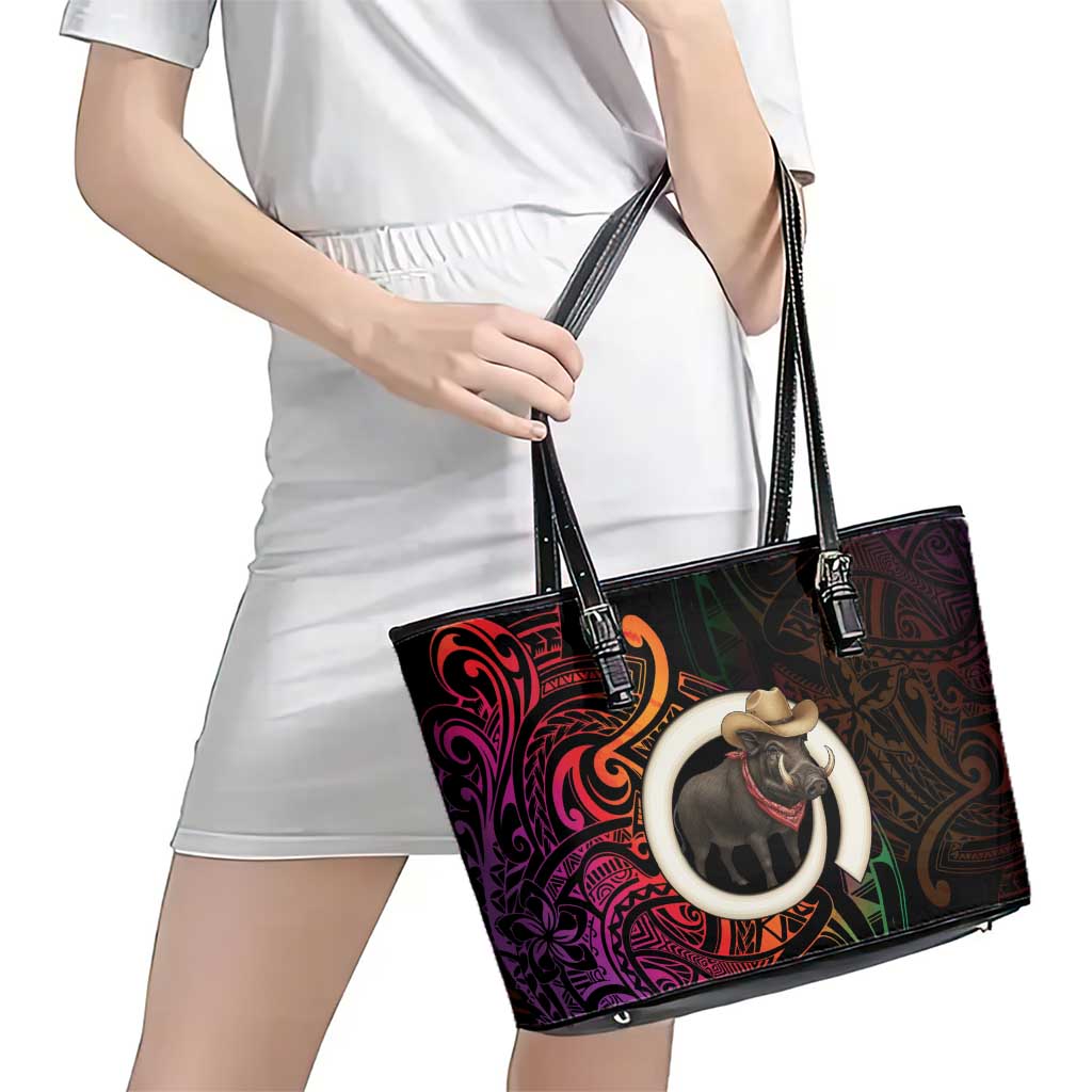 Vanuatu Boar Cowboy Leather Tote Bag Tusk Gradient Polynesian Pattern - Polynesian Pride