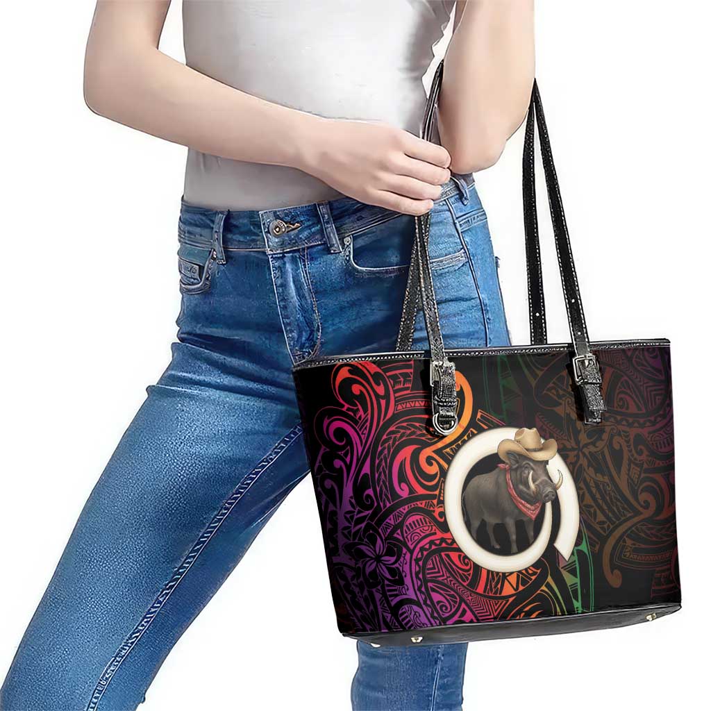 Vanuatu Boar Cowboy Leather Tote Bag Tusk Gradient Polynesian Pattern - Polynesian Pride