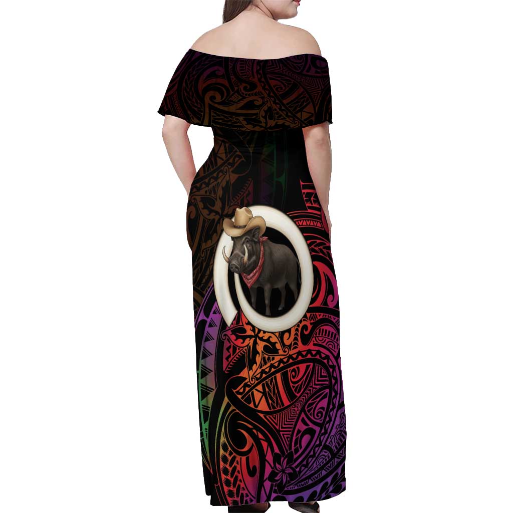 Vanuatu Boar Cowboy Off Shoulder Maxi Dress Tusk Gradient Polynesian Pattern - Polynesian Pride