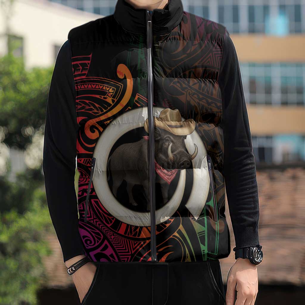 Vanuatu Boar Cowboy Sleeveless Puffer Jacket Tusk Gradient Polynesian Pattern - Polynesian Pride